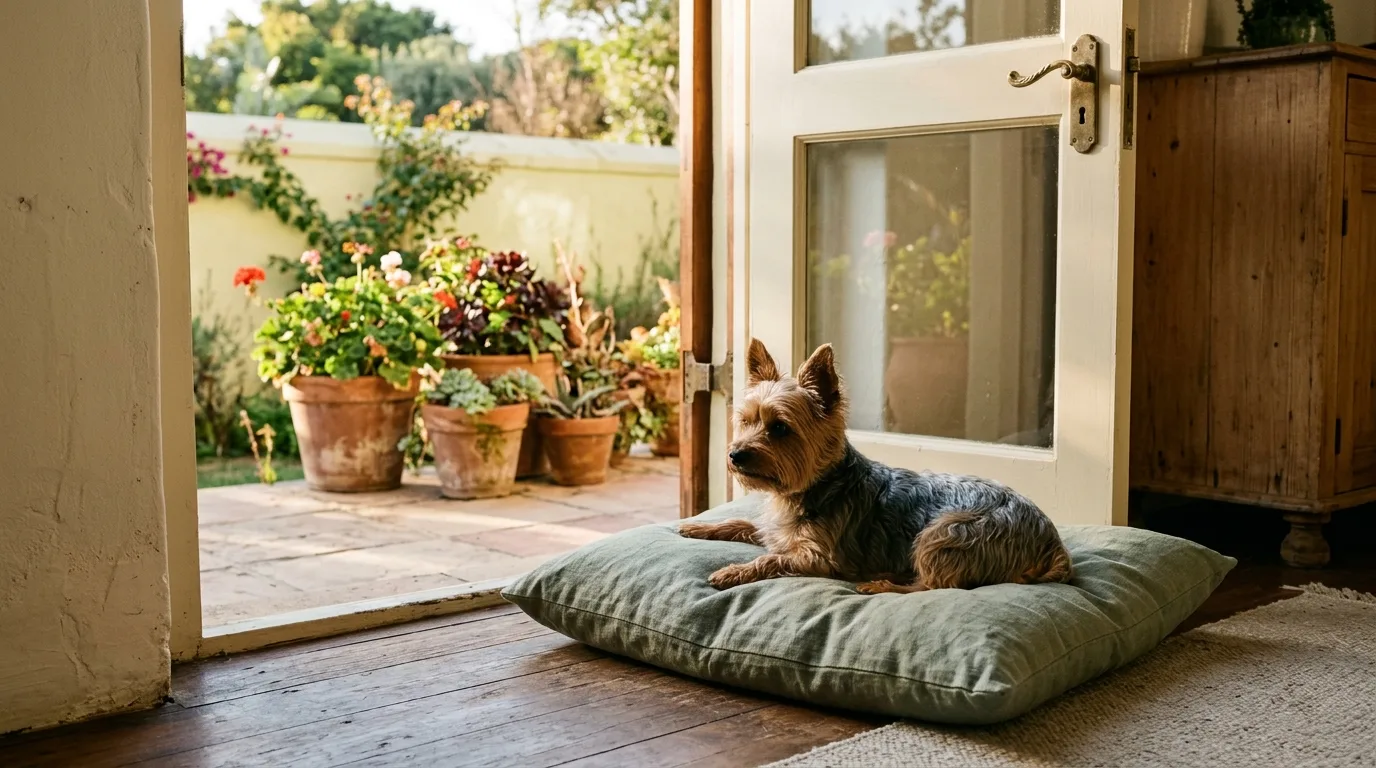 Yorkshire Terrier on a sage cushion by an open garden door