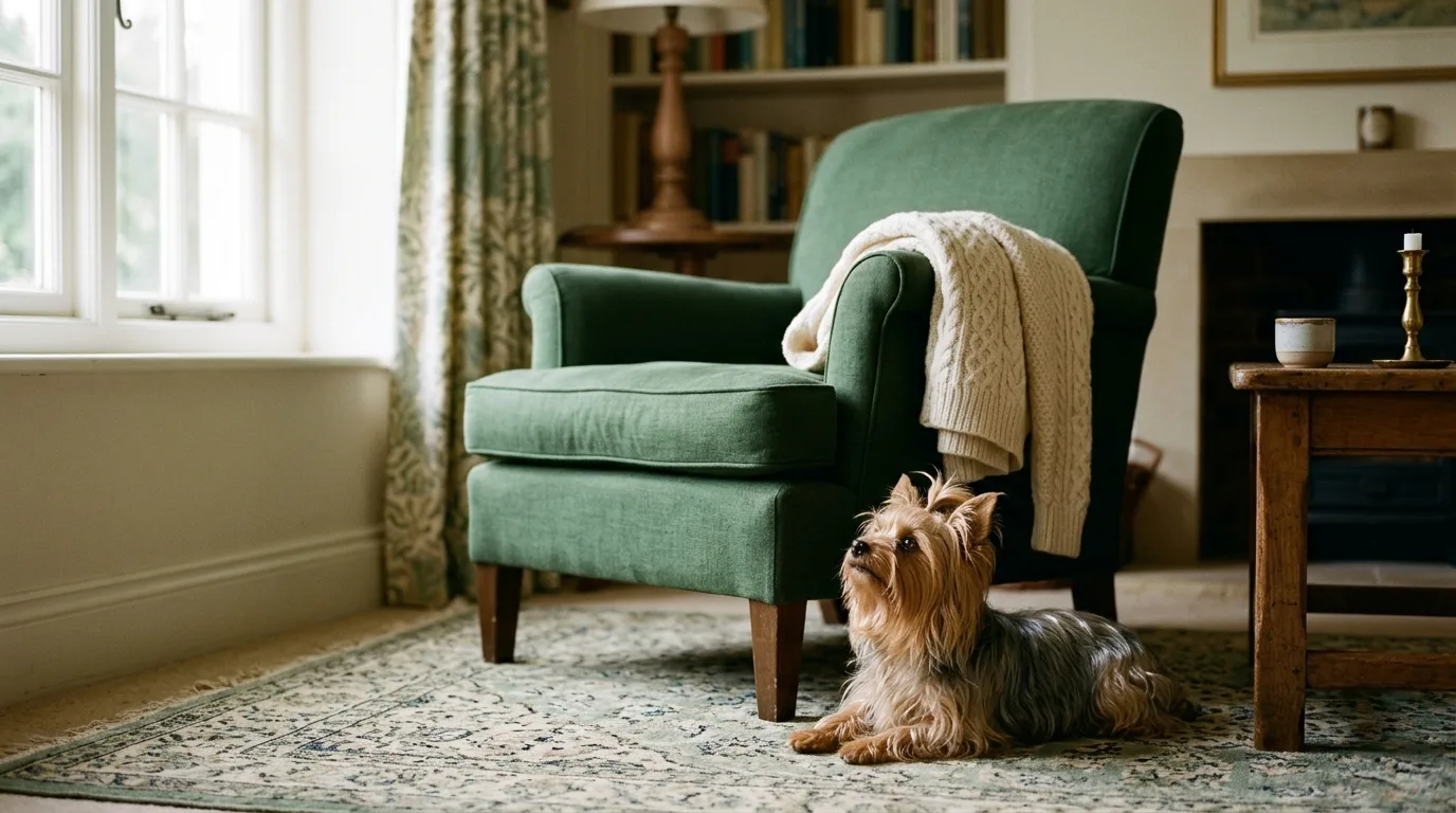 Yorkie sitting beside a green armchair in a quiet lounge