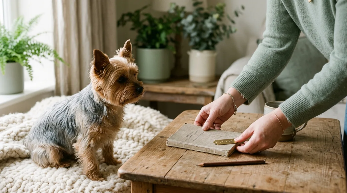 Yorkie sitting on a knitted blanket while a person sorts paperwork