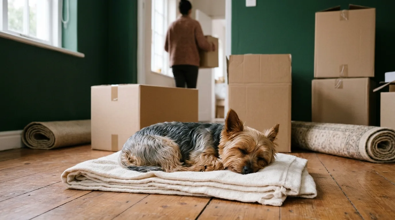Yorkie asleep on a blanket among packed moving boxes