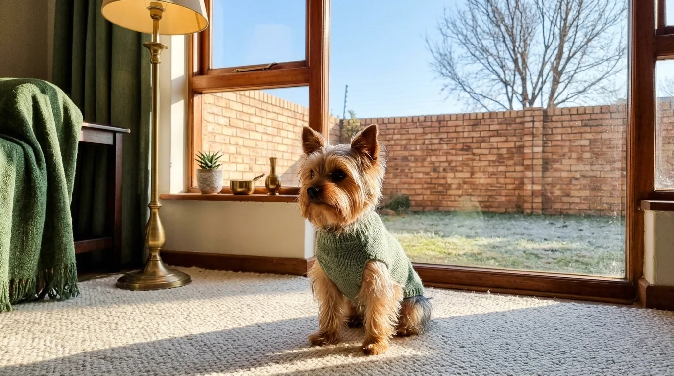 Yorkie in a green jersey sitting in winter morning light