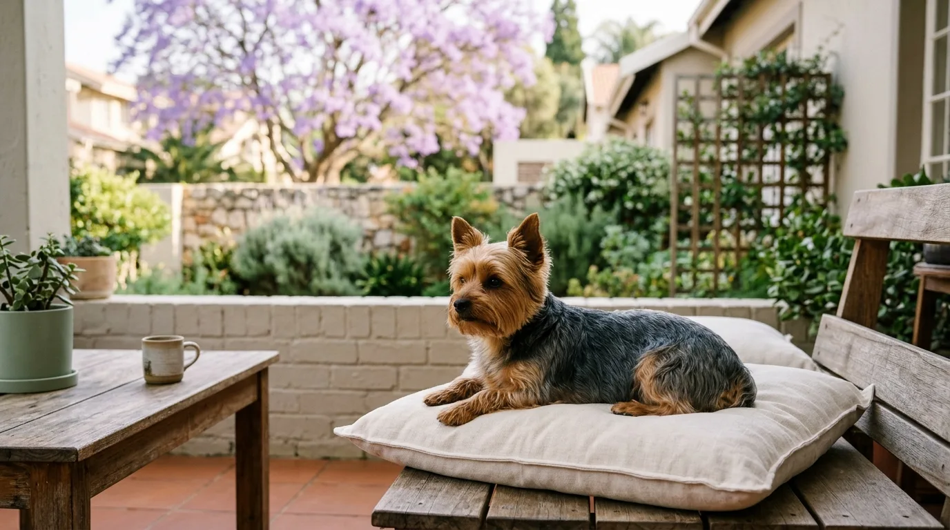 Yorkie on a stoep cushion with a jacaranda tree behind