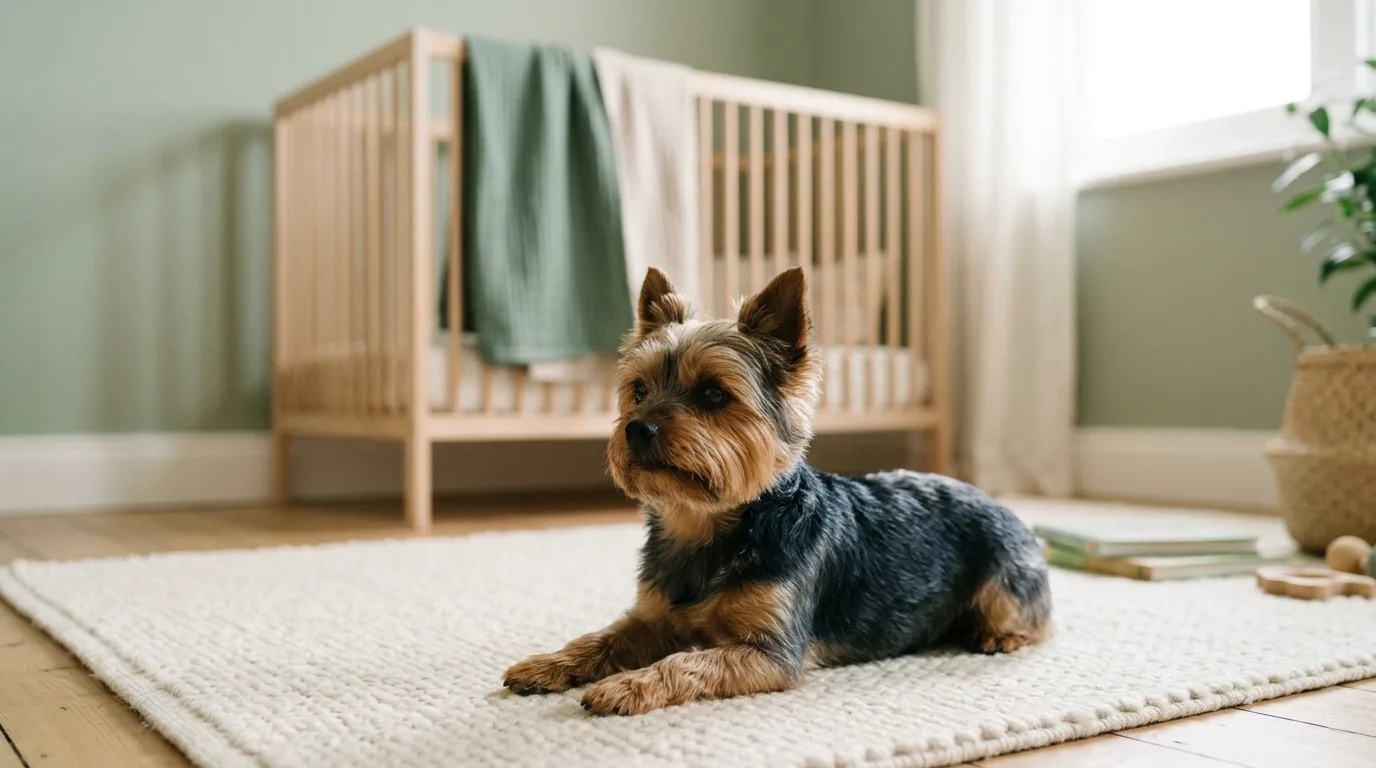Yorkie lying on a rug in a nursery with a cot behind