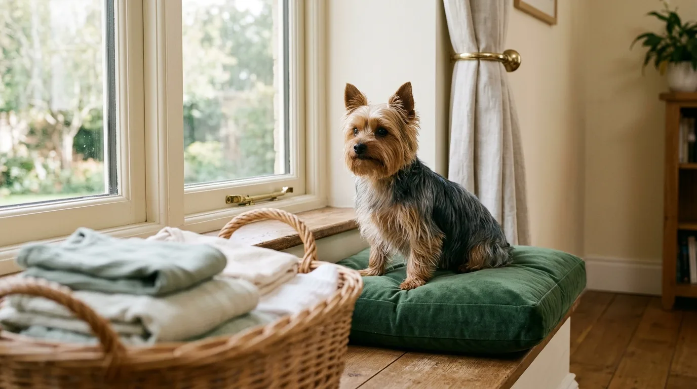 Yorkie sitting on a green cushion beside a laundry basket