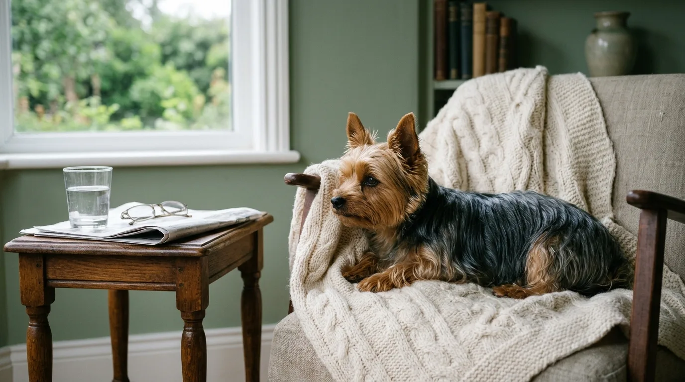 Yorkie lying on a knitted throw on an armchair