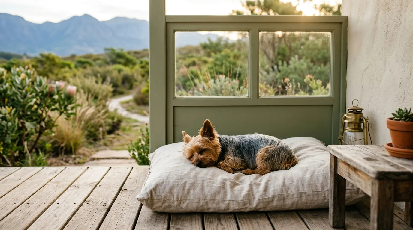 Yorkie asleep on a deck cushion with fynbos and mountains behind