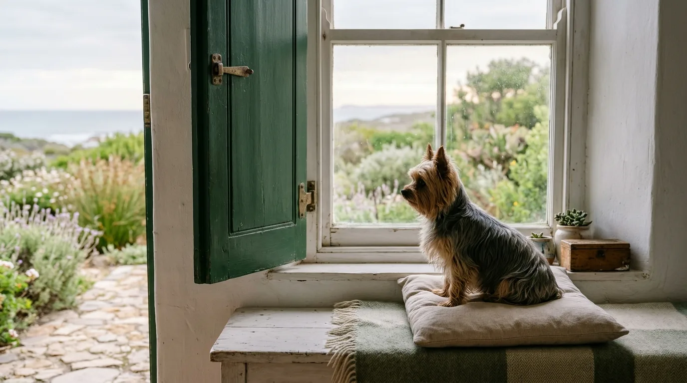 Yorkie on a window seat looking out towards the sea
